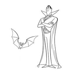 Coloriage Dracula debout, bras croisés, près d'une chauve-souris