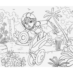 Coloriage Go Go Tomago filant à travers un paysage tropical