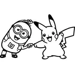 Coloriage Minion tenant la main de Pikachu