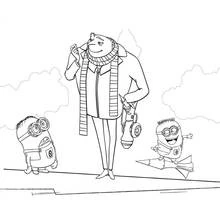 Coloriage Gru se promène avec deux Minions