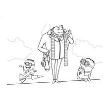 Coloriage Gru marchant avec deux Minions