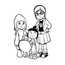 Coloriage Moi, Moche et Méchant les filles et la peluche licorne