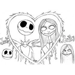 Coloriage Monsieur Jack et Sally dans un cœur épineux