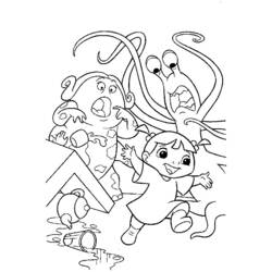 Coloriage Sam, Bouh et un monstre à tentacules en pleine agitation