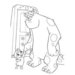 Coloriage Sulli tenant la main de Bouh devant une porte