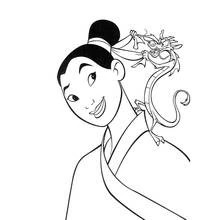 Coloriage Mulan souriante avec Mushu sur l'épaule