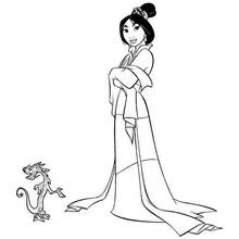 Coloriage Mulan élégante avec Mushu