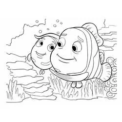 Coloriage Nemo et Marin nageant près du récif de corail