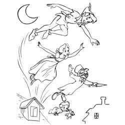 Coloriage Peter Pan volant avec Wendy et les enfants au-dessus des toits