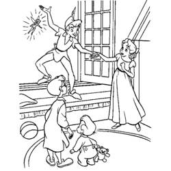 Coloriage Peter Pan volant dans la chambre d'enfants