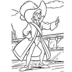 Coloriage Peter Pan en manteau de capitaine sur le pont d'un bateau