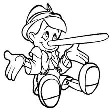 Coloriage Pinocchio avec un long nez, assis par terre