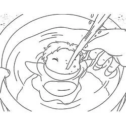 Coloriage Ponyo émergeant d'un bol d'eau tourbillonnante