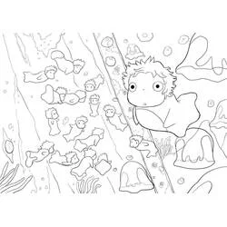 Coloriage Ponyo entourée de nombreuses petites sœurs poissons