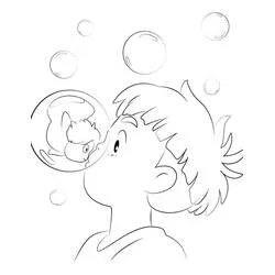 Coloriage Ponyo dans une bulle observée par Sosuke
