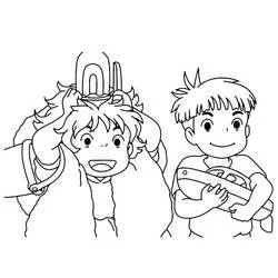 Coloriage Ponyo essayant un chapeau avec Sosuke