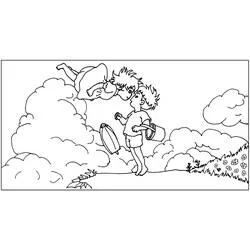 Coloriage Ponyo volant vers Sosuke parmi les nuages