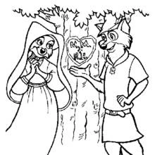 Coloriage Robin des Bois montrant un cœur gravé à Lady Marianne