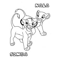 Coloriage Simba et Nala côte à côte, pattes levées