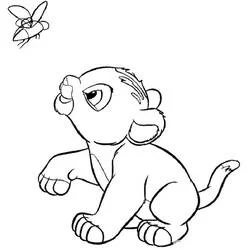 Coloriage Simba observant une petite abeille