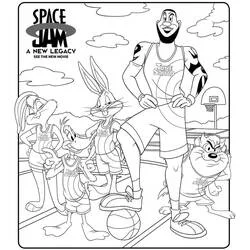 Coloriage Space Jam équipe des Tune Squad sur le terrain de basket