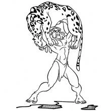 Coloriage Tarzan soulevant un léopard au-dessus de sa tête