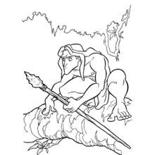 Coloriage Tarzan accroupi avec une lance