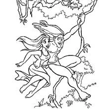 Coloriage Tarzan entraîne Jane dans les airs