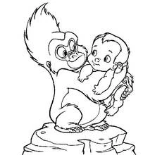 Coloriage Tarzan bébé porté par un jeune gorille