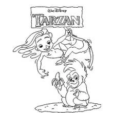 Coloriage Tarzan jeune se balançant avec un bébé gorille