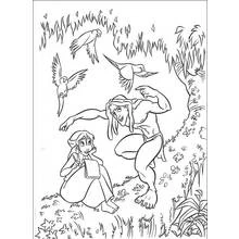 Coloriage Tarzan accroupi près de Jane dans la jungle