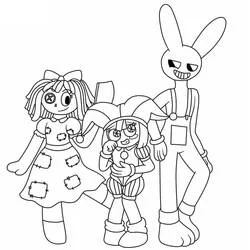 Coloriage Trois personnages de The Amazing Digital Circus réunis