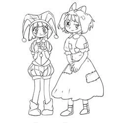Coloriage Pomni et son amie en robe rapiécée