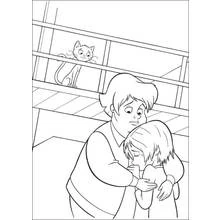 Coloriage Volt, star malgré lui - Penny enlaçant son père avec le chat en fond