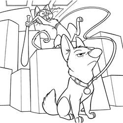 Coloriage Volt assis avec la chatte devant des caisses