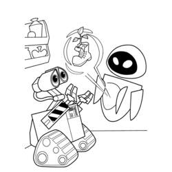 Coloriage Wall-E montrant la botte à la plante à Eve