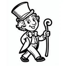 Coloriage Wonka marchant avec sa canne et son haut-de-forme