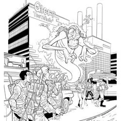Coloriage Ghostbuster face à un fantôme géant dans la ville