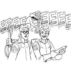 Coloriage Ghostbuster duo avec un fantôme flottant derrière eux