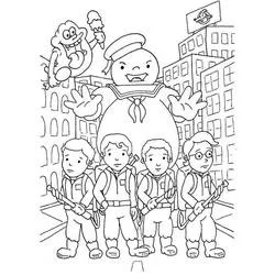 Coloriage Ghostbuster équipe avec l'homme chamallow géant en ville