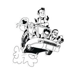 Coloriage Ghostbuster à bord de leur voiture avec un fantôme