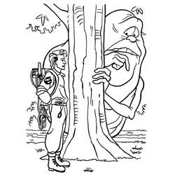 Coloriage Ghostbuster près d'un arbre avec un fantôme géant caché derrière