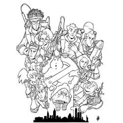 Coloriage Ghostbuster équipe complète autour du logo fantôme