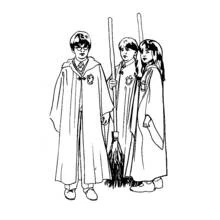 Coloriage Harry Potter avec Ron et Hermione tenant un balai