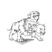 Coloriage Fluffy le chien à trois têtes gardant une trappe