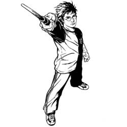 Coloriage Harry Potter pointant sa baguette