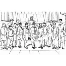 Coloriage Harry Potter élèves alignés avec leurs baguettes