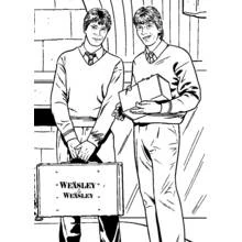 Coloriage Fred et George Weasley avec leur mallette d'affaires