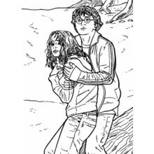 Coloriage Harry Potter protégeant Hermione au bord du lac