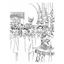 Coloriage Harry Potter et les élèves rassemblés près du Choixpeau
